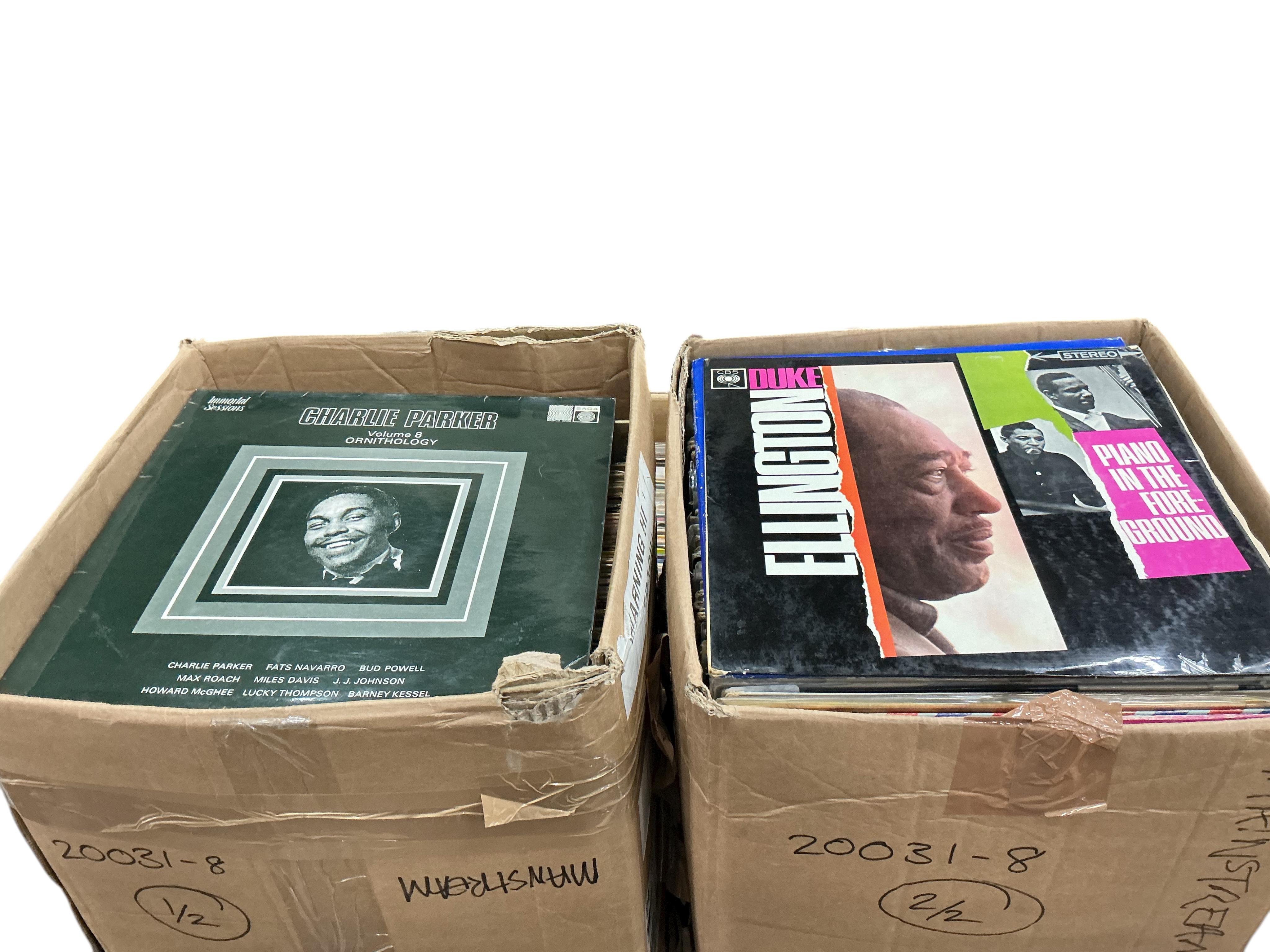 Two boxes of jazz LP record albums, artists including; Maynard Ferguson, Herbie Mann, Charlie Parker, Ben Webster, Earl Hines, duke Ellington, Ray Charles, Modern Jazz Quartet, Ella Fitzgerald, etc.